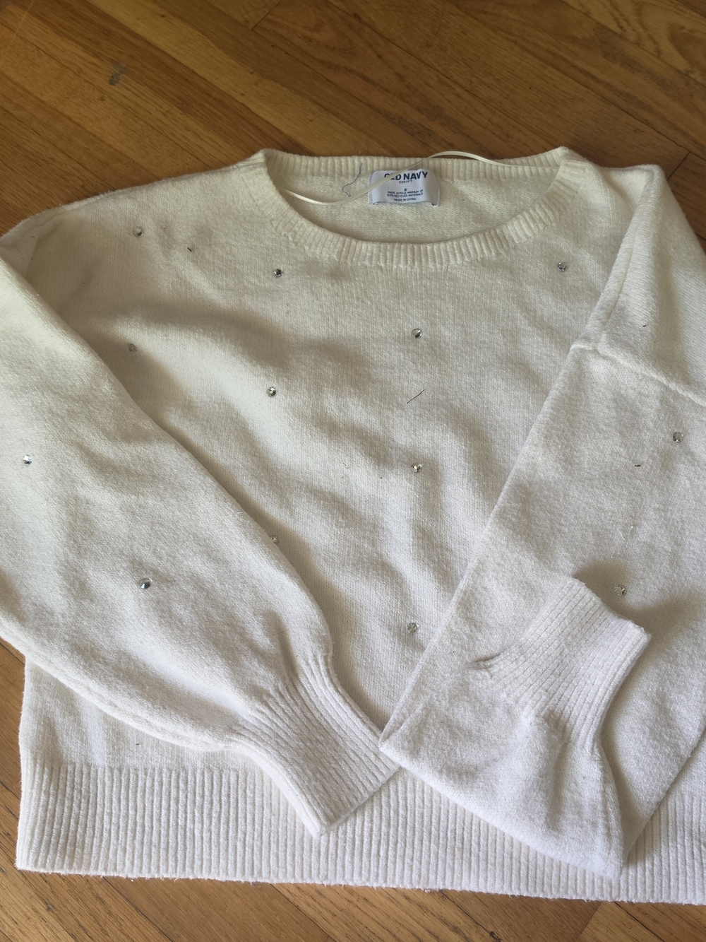 Old Navy Cream Crewneck Sweater with Scattered Rhinestones